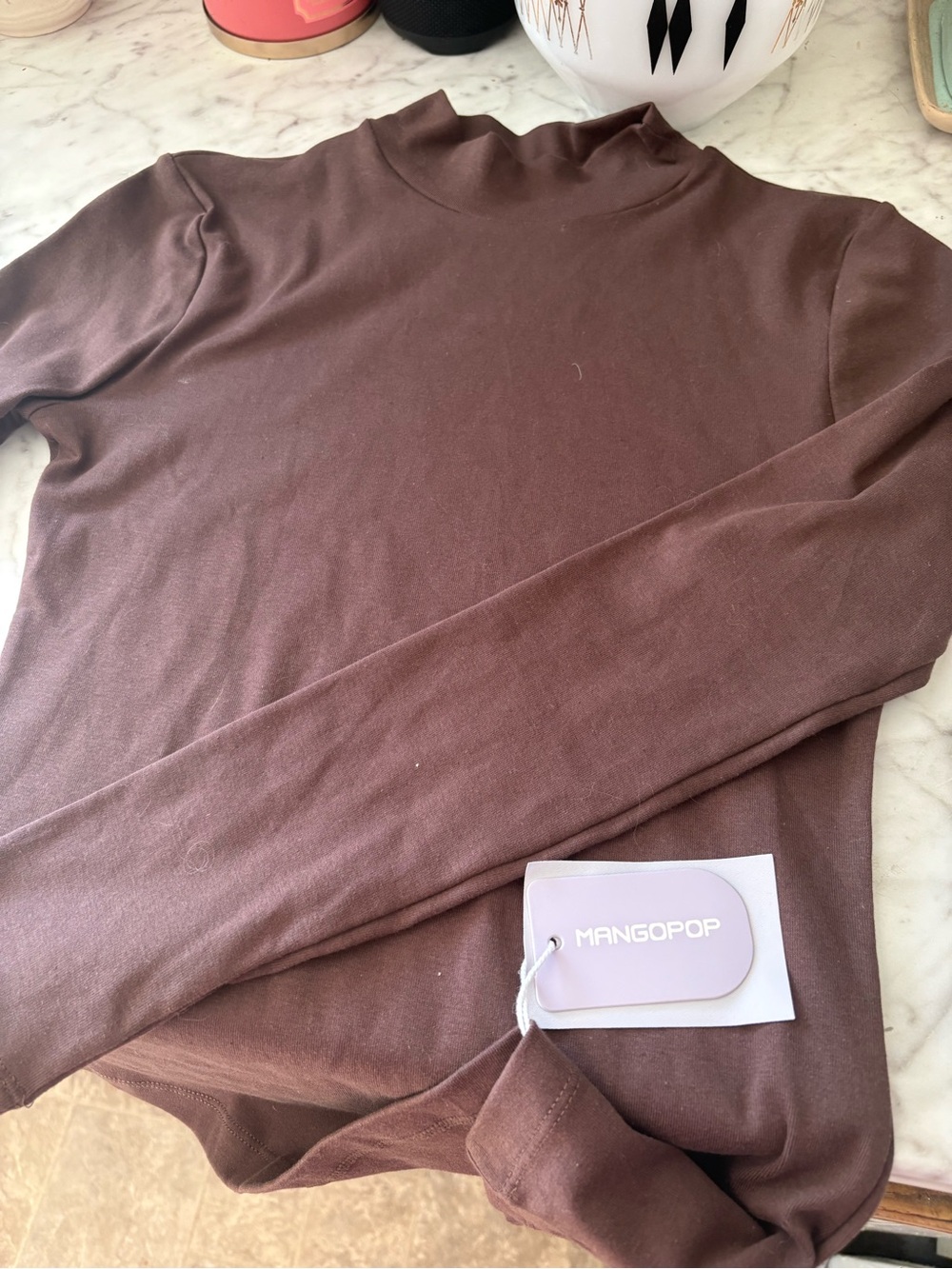 MANGOPOP Women's Brown Mock Neck Long Sleeve Top